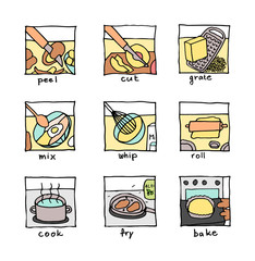 Cooking steps icons – cut, peal, mix, cook, bake …