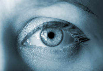 Human blue eye with reflection. Macro shot.