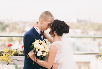 Happy wedding couple, bride, groom kissing with view of old city