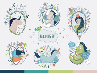 Cute magic collection with unicorn, prinsess, gragon, rainbow, f