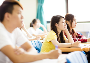 smiling female college student sitting  with classmates