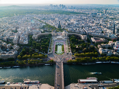 Skyline of Paris, France. A view from the top of Eiffel tower to Trocadero and La Defense.