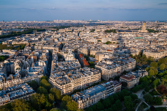 Skyline of Paris, France. A view from the top of Eiffel tower at sunset