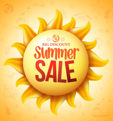 3D Realistic Yellow Sun with Summer Sale Discount Text with Yellow Pattern in Background for Summer Seasonal Promotion
