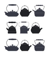 Teapots silhouettes on the white background