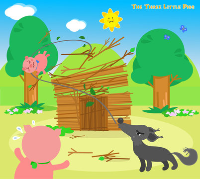 The three little pigs, wolf destroys the sticks house