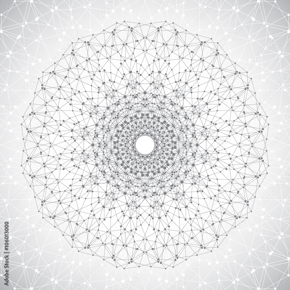 Poster Geometric abstract lattice with connected line and dots. Round gray form of the molecule. Graphic composition for your design. Vector illustration
