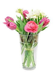 Red tulips, white freesias, Ranunculus flowers, bouquet, transparent vase, floral arrangement, white background.