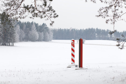 Boundary Pillars Of Belarus And Poland On The Border