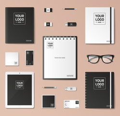 Corporate identity template set. Business stationery mock-up with logo. Branding design. Notebook, card, catalog, pen, pencil, badge,  tablet pc, mobile phone, letterhead.