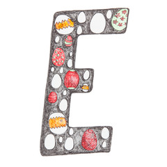 Illustration of letter E filled with funny eggs isolated