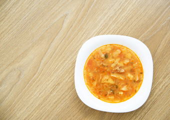 Russian traditional soup - borscht with cabbage