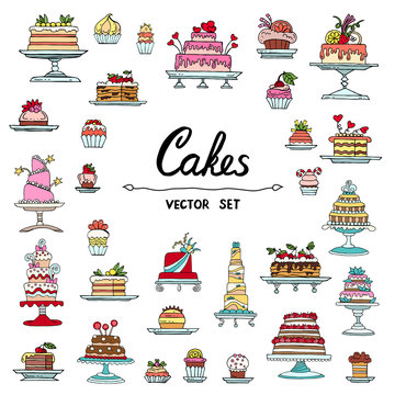 Vector set with hand drawn, isolated and colored doodles of cake