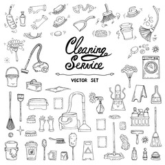 Vector set with hand drawn, isolated doodles of cleaning service