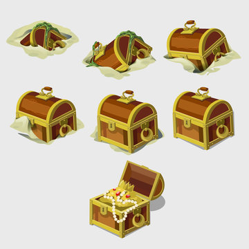Big set chest with treasures, seven vector icons