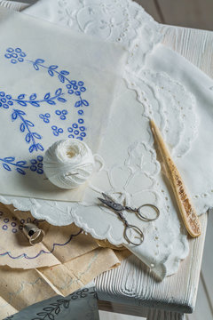 Homemade embroidered napkins with white thread