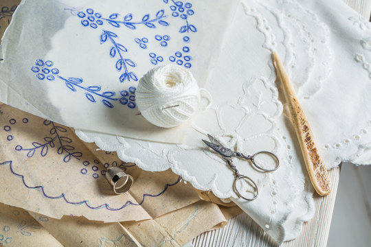 Handmade embroidered napkins with white thread