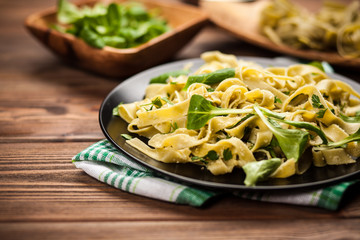 Cooked tagliatelle on a plate