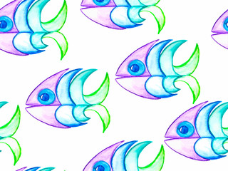 Vector Seamless Pattern Watercolor Hand Drawn Funky Fishes