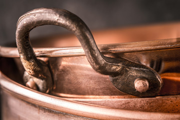 Copper pan on the blurred background