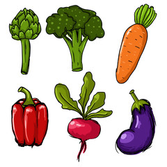 Set of six cute hand drawn vector vegetables