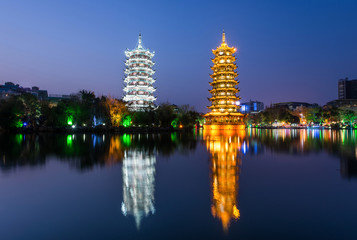 Sun and Moon Pagodas in downtown of Guilin, Guangxi Province, Ch