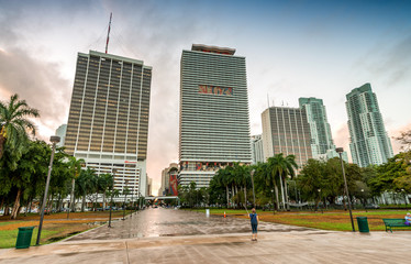 Downtown Miami at dusk. City buildings against the sky
