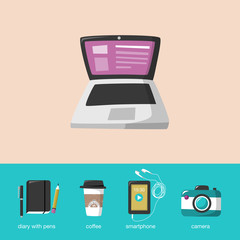 Laptop. Student accessories icons for young modern people. Flat color vector illustration such as laptop, smartphone with earphones, camera, diary with pen and pencil and coffee to go.