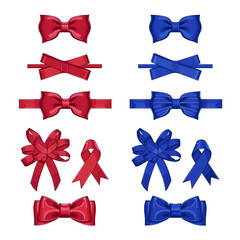 Gift bows vector isolated collection on white background. Red and blue bows set.