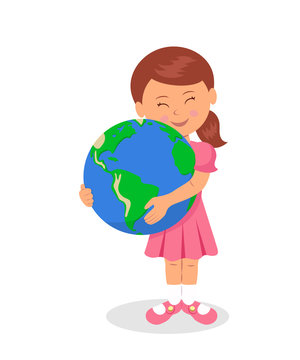 The child and the Earth: Little girl hugging the earth on a white background. The design concept of Earth Day. Love for the Earth and care for the environment.