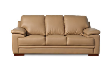 Light brown leather sofa on white background