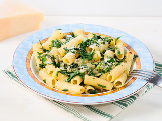 Closeup of rigatoni pasta with onion, arugula and chia seeds