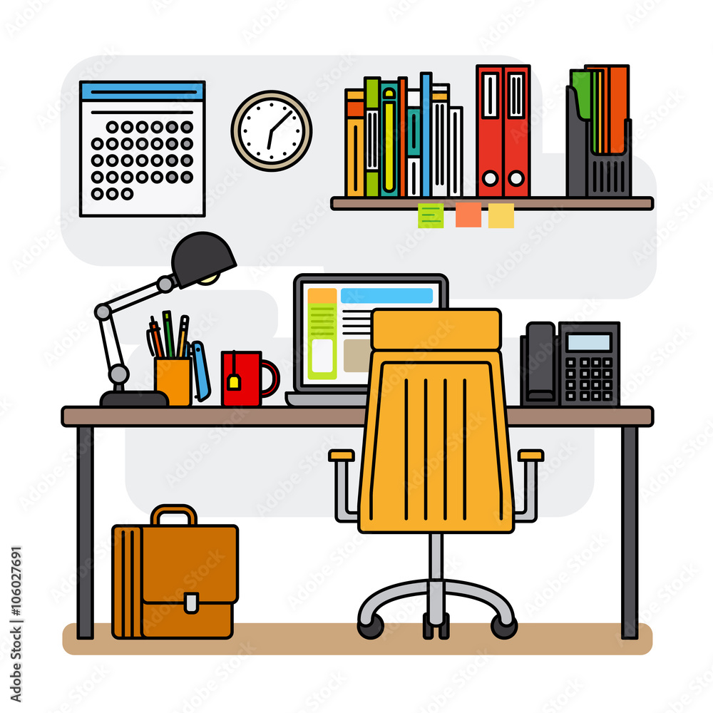 Aufkleber thin line office workspace or line designer workspace with desktop computer. vector illustration