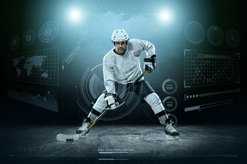 Ice hockey player on the ice around modern light