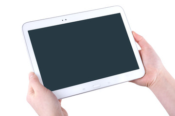 Tablet in the women hands on a white background - 106028298
