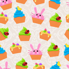 Vector cute Easter seamless pattern with colorful Easter cupcake
