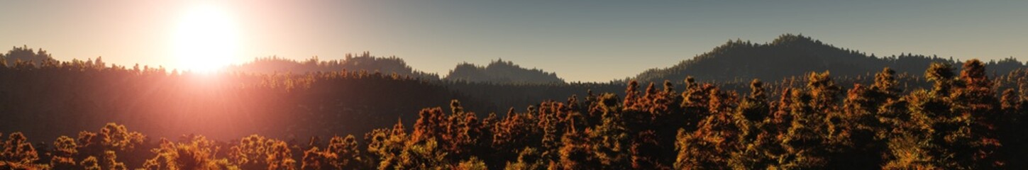 panorama of wooded hills, mountain sunset, mountain and forest, the light over the mountains