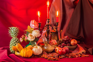 Fruits and vegetables with pumpkins in autumn still life