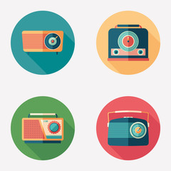 Colorful retro radio flat round icon set.