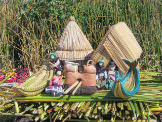 Toys, Souvenirs, and handicrafts made at Uros floating island and village on Lake Titicaca near Puno,  Peru