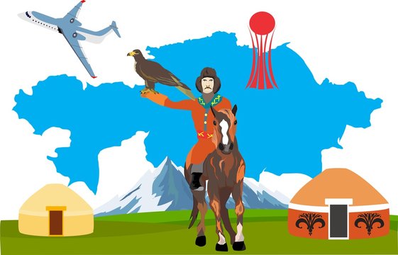Kazakh nomad on horse with hunter bird eagle, kazakhstan map on background