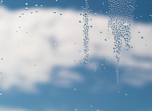 Water drop on window and sky against