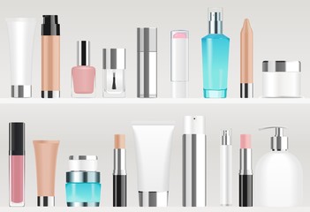 Cosmetic tubes on shelves.