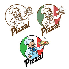 Emblem of funny cook or baker with pizza and logo