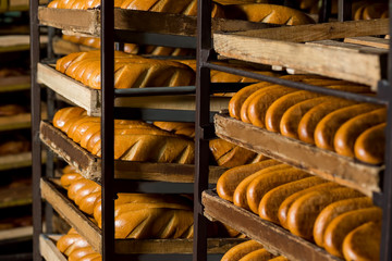 Bread stacked on the shelves. 