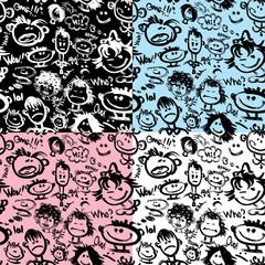 Set of seamless patterns. Cartoon faces with different emotions.