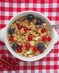 Healthy breakfast muesli with blueberry and red currant