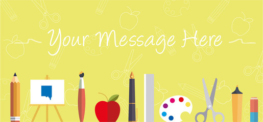 Cartolina per la scuola con oggetti di cancelleria 