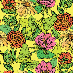 Floral Seamless Pattern with hand drawn flowers on yellow backgr