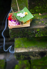 Box with traditional balinese morning offerings or Canang sari, Ubud, Bali, Indonesia